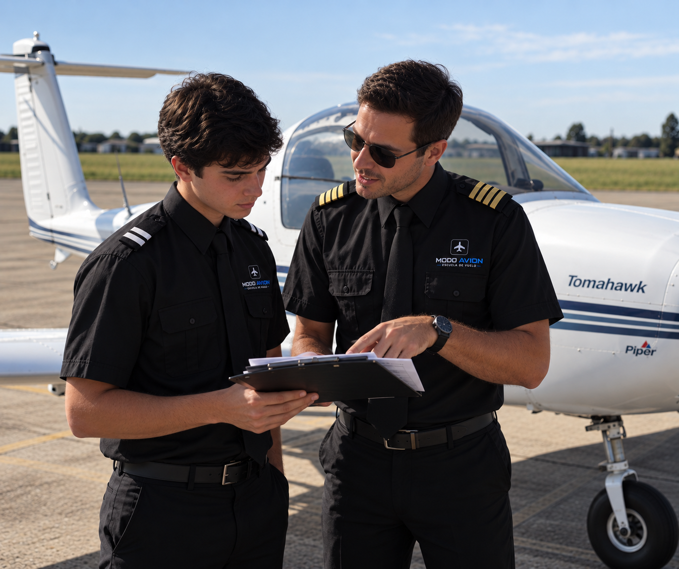 Instructor y alumno de Piloto Privado frente a una aeronave de entrenamiento de Escuela Modo Avión